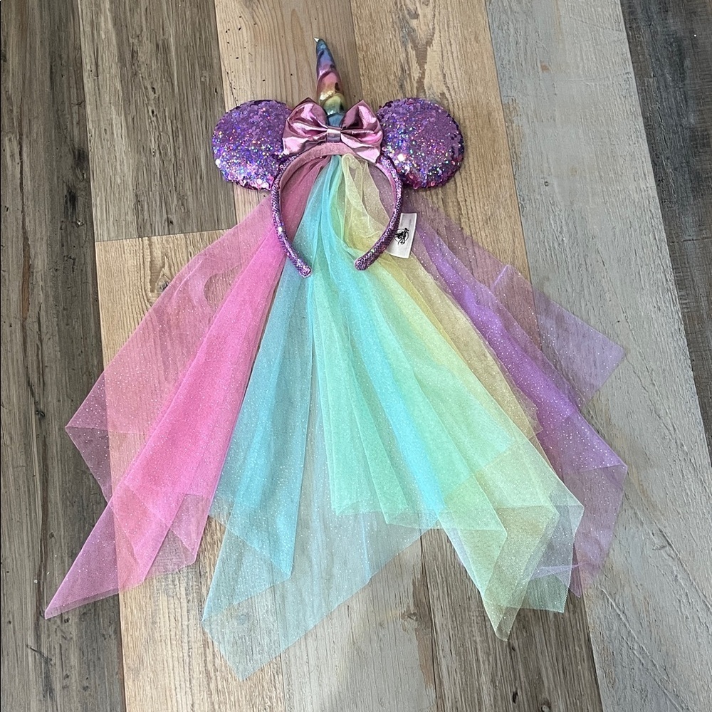 Disney Parks Minnie Mouse Ears Pink Purple Sequin Unicorn Rainbow Veil Headband